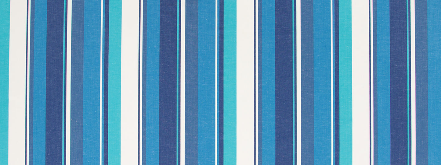 Vertical blue stripes in navy, teal, light blue and cream; bold modern wallpaper or fabric pattern.