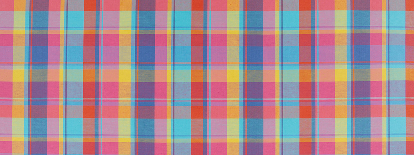 Vibrant multicolor plaid fabric with pink, blue, yellow, orange and purple checks.