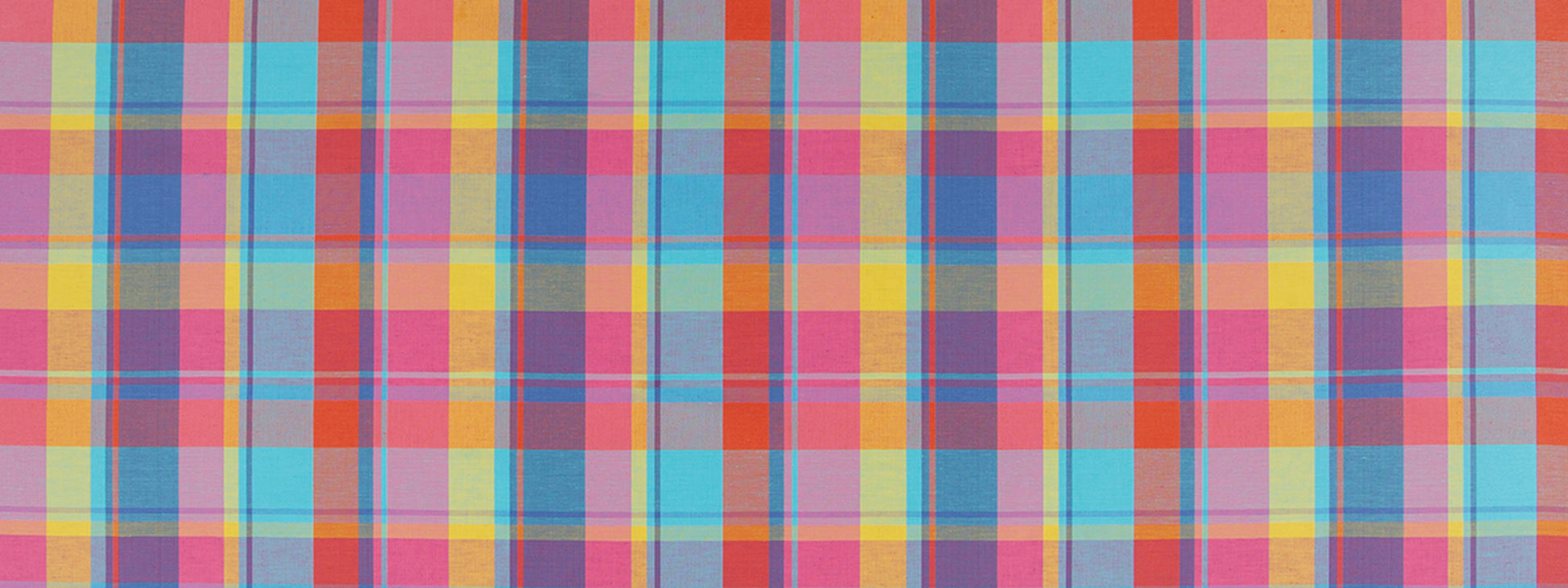 Vibrant multicolor plaid fabric with pink, blue, yellow, orange and purple checks.
