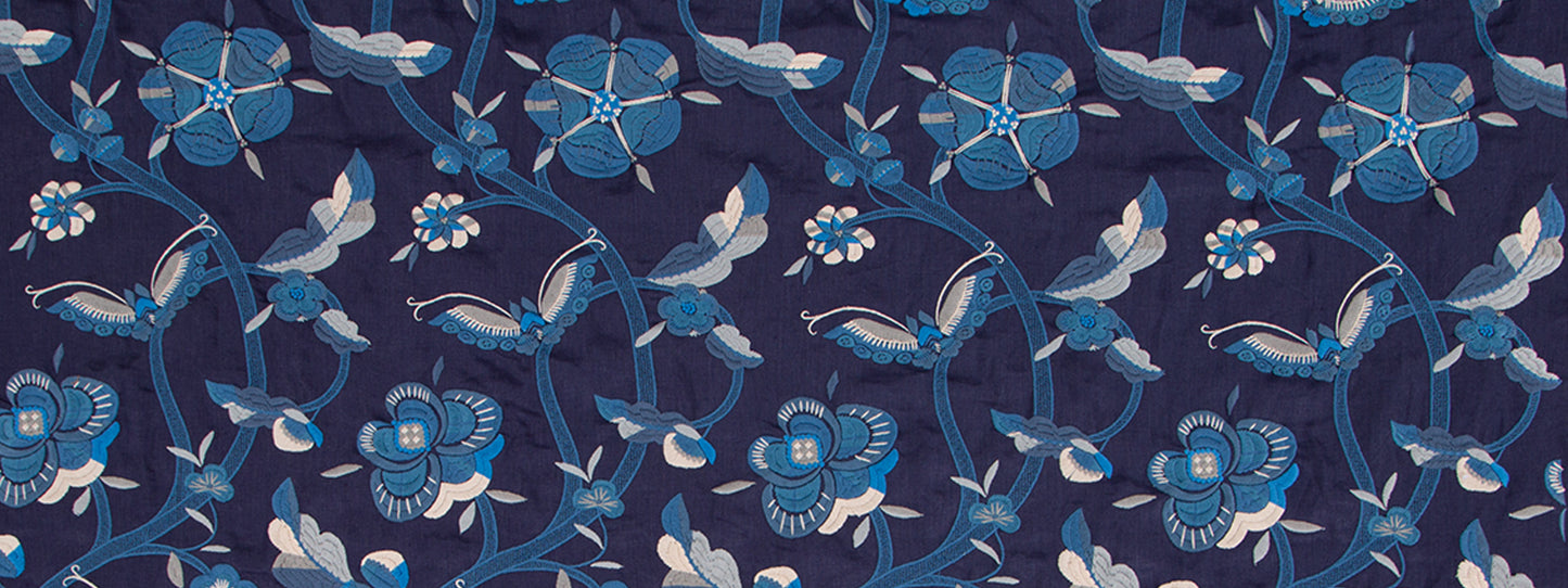 Repeating blue floral print fabric with intertwining vines and blossoms in navy and light blues.