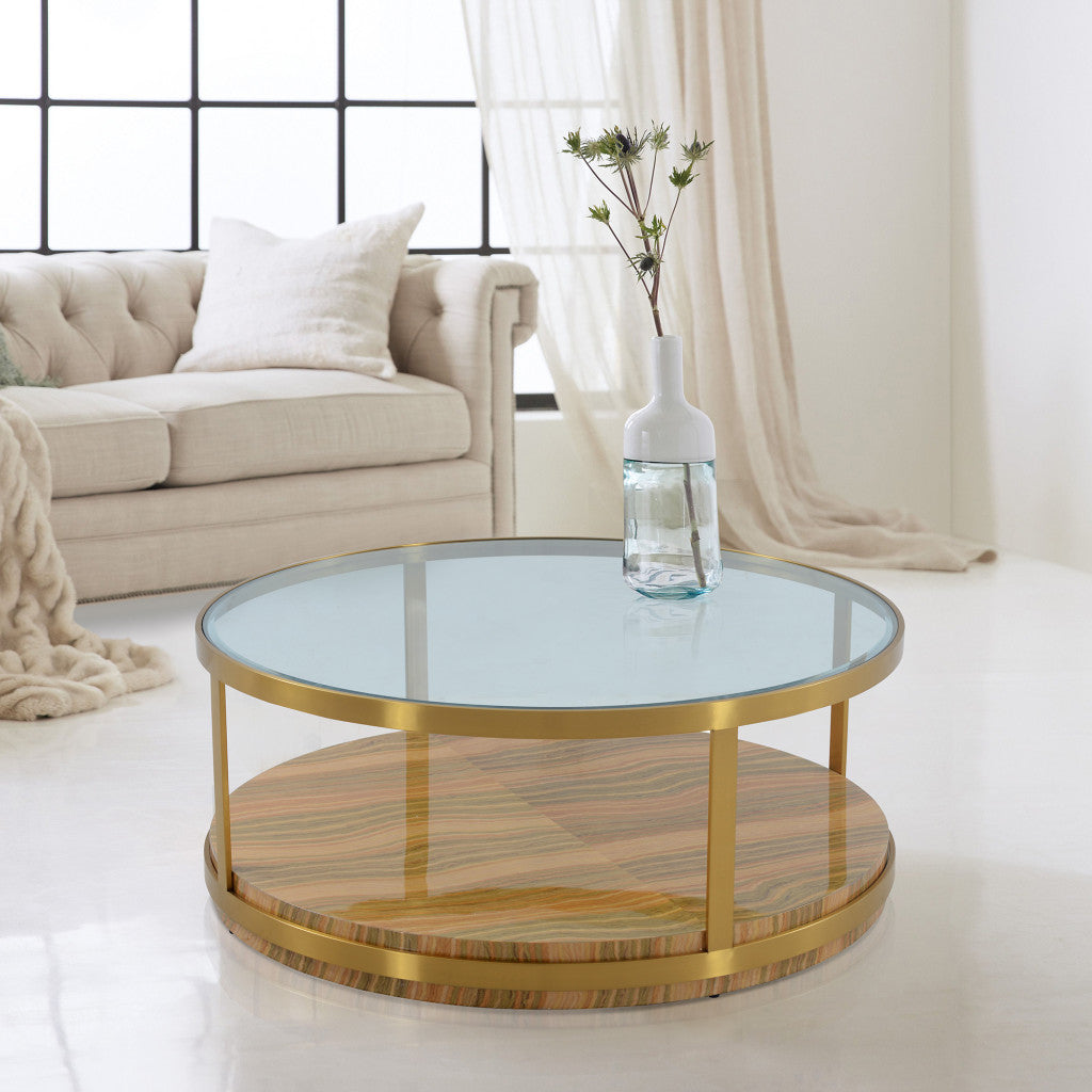 43" Clear And Natural Glass And Metal Round Coffee Table With Shelf