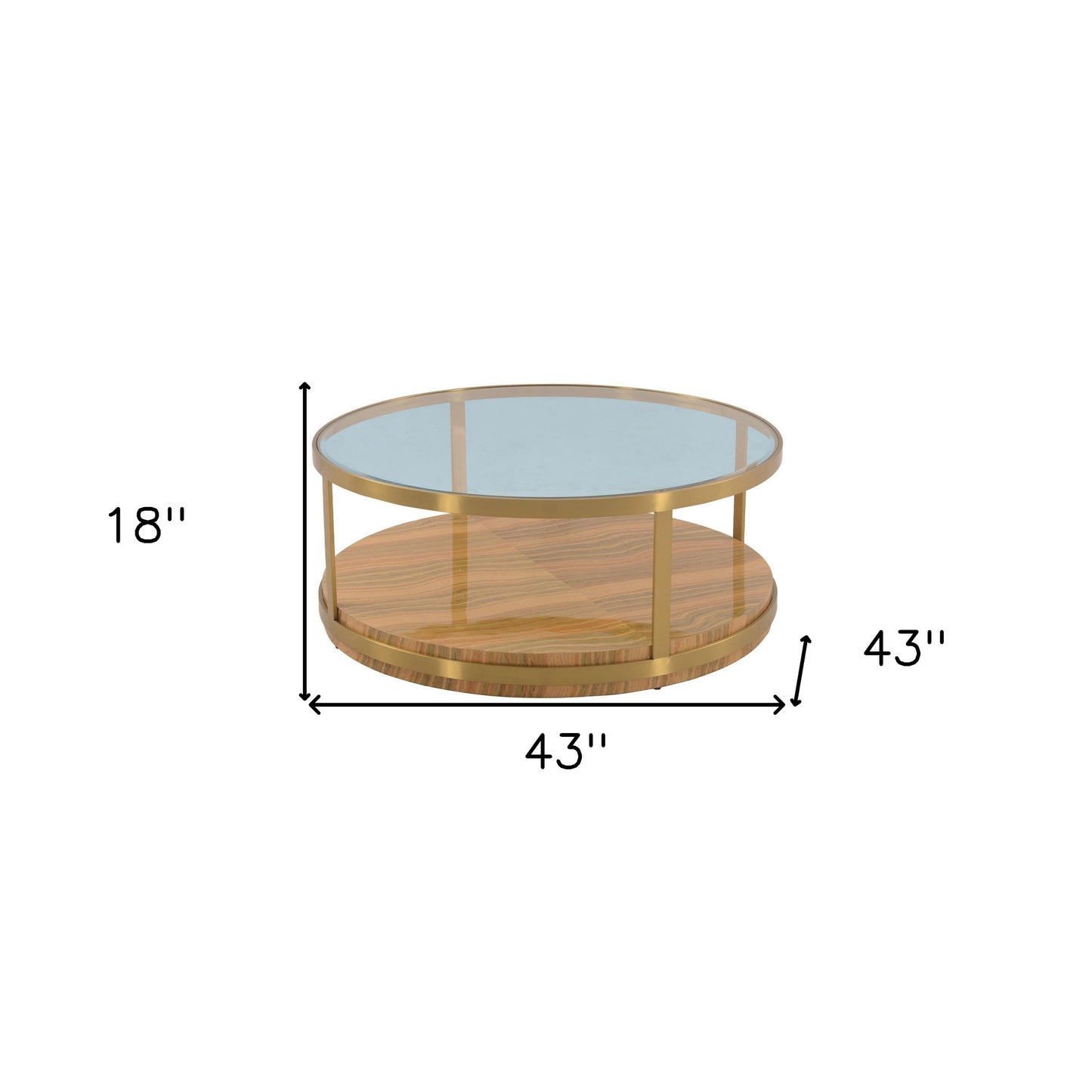 43" Clear Gold And Brown Glass Wood and Metal Round Coffee Table With Shelf