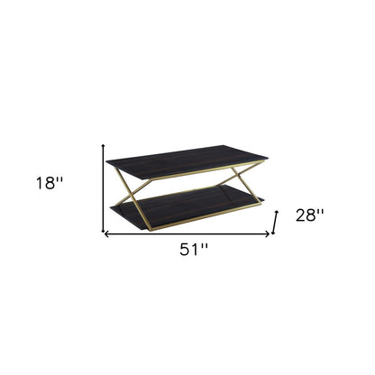 51" Dark Brown And Gold Metal Coffee Table With Shelf