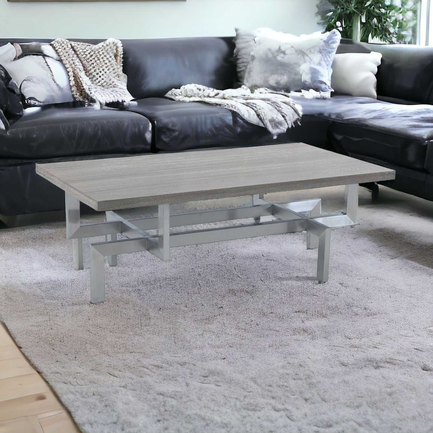 51" Gray And Silver Stainless Steel Coffee Table