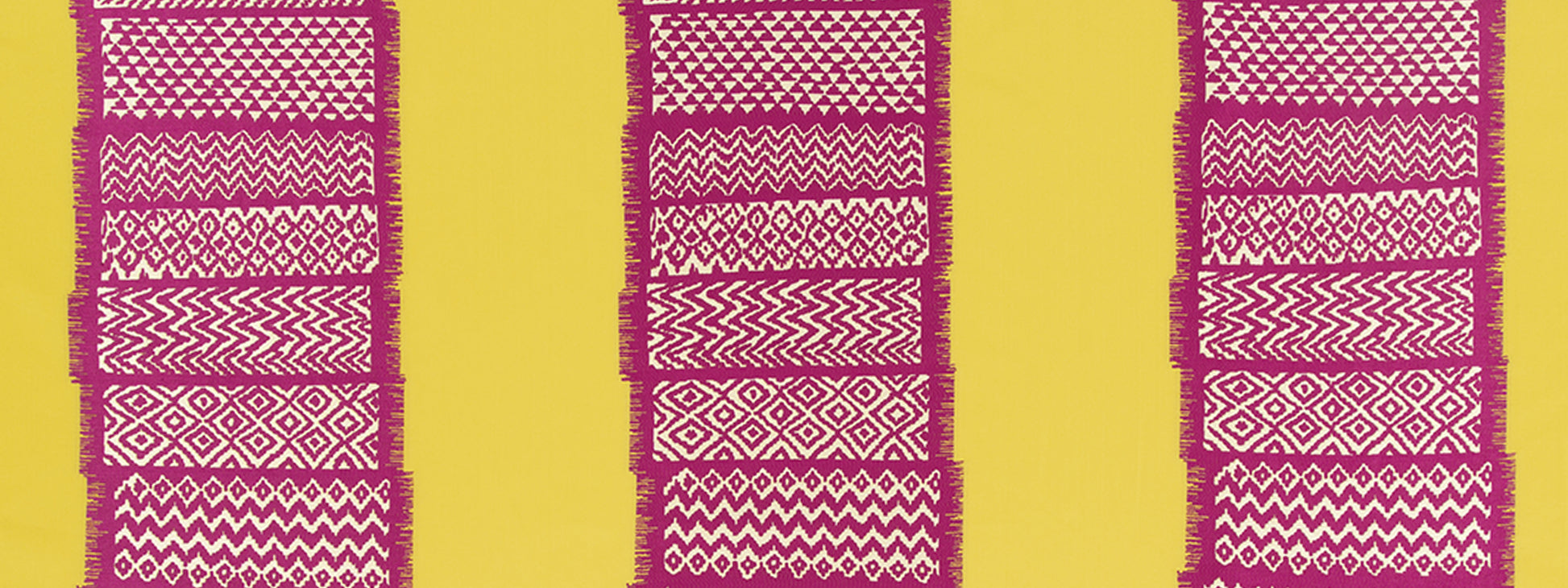 Three yellow woven textile strips with white geometric patterns on a bright yellow background