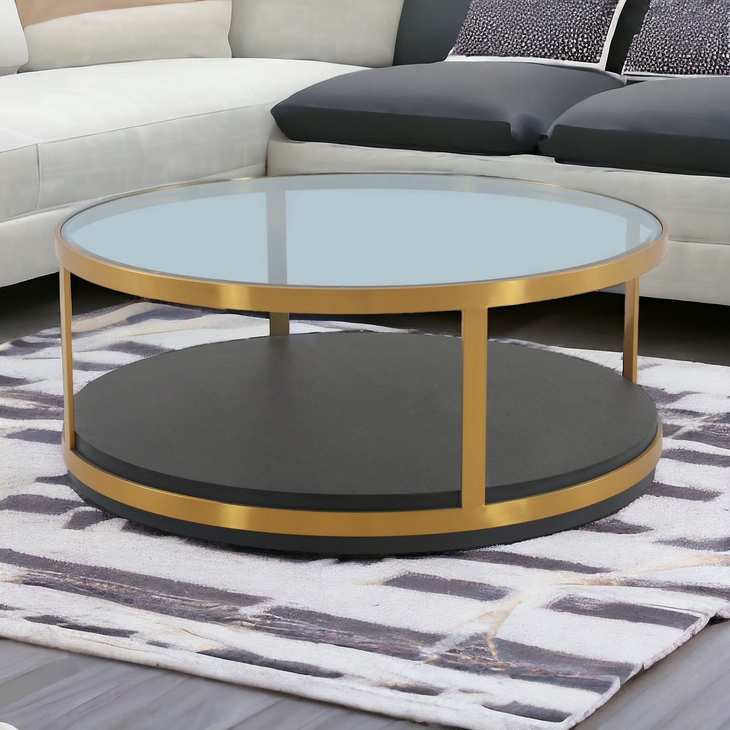 43" Clear And Black Solid Wood Round Coffee Table With Shelf