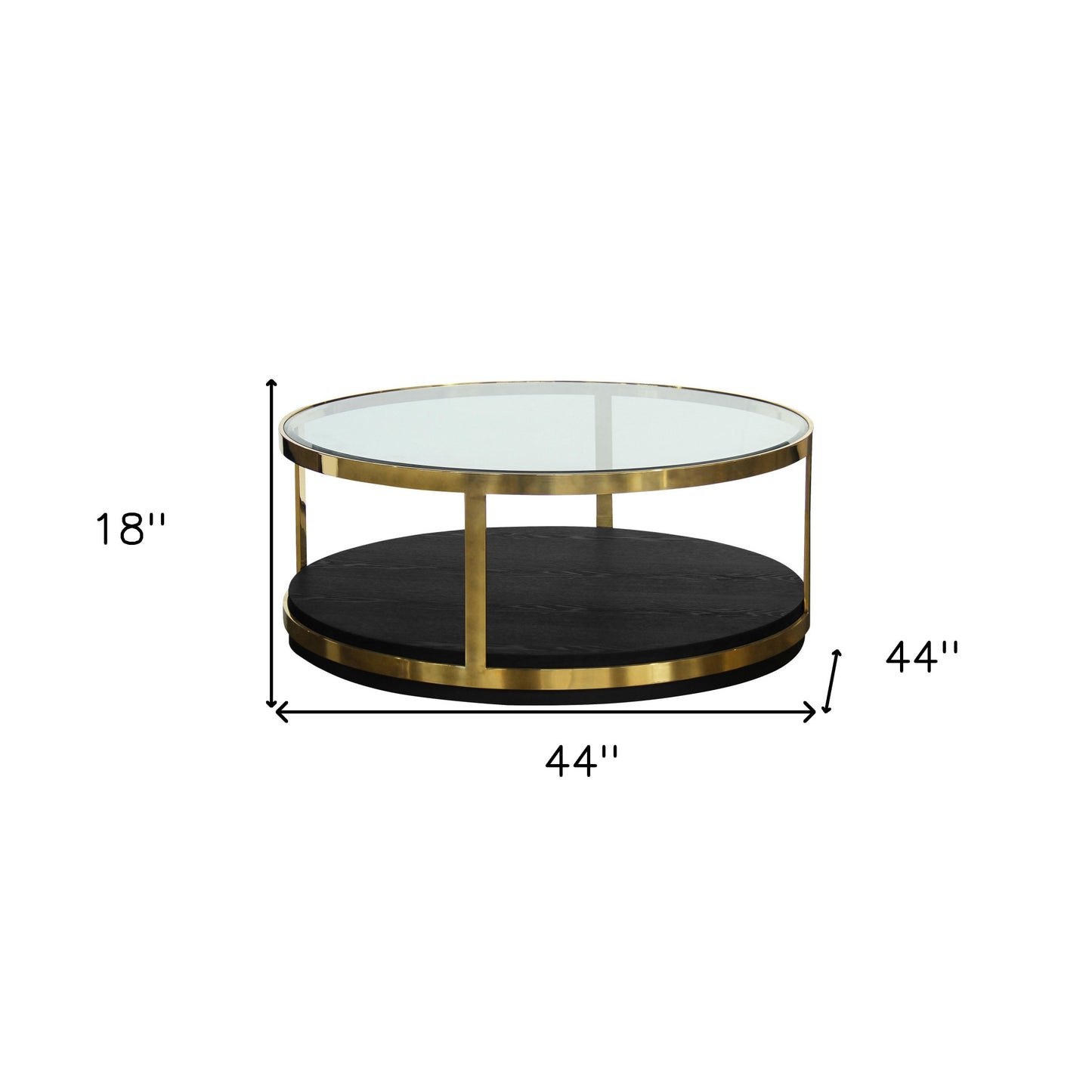 44" Black And Gold Glass And Metal Round Coffee Table With Shelf