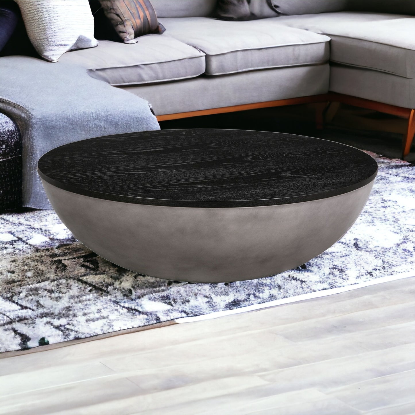 48" Black And Gray Solid Wood And Concrete Round Coffee Table