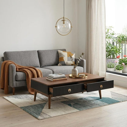 47" Brown And Black Coffee Table With Two Drawers
