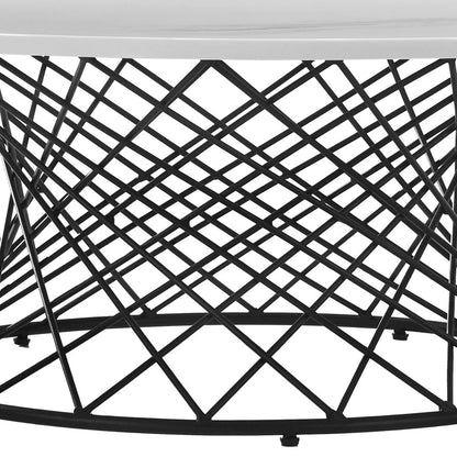 36" White And Black Genuine Marble And Metal Round Coffee Table