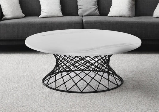 36" White And Black Genuine Marble And Metal Round Coffee Table