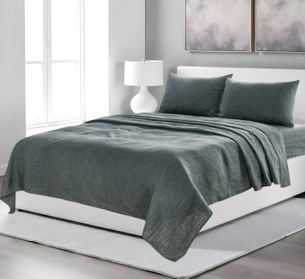 Four Piece Blue Linen King Sheet Set