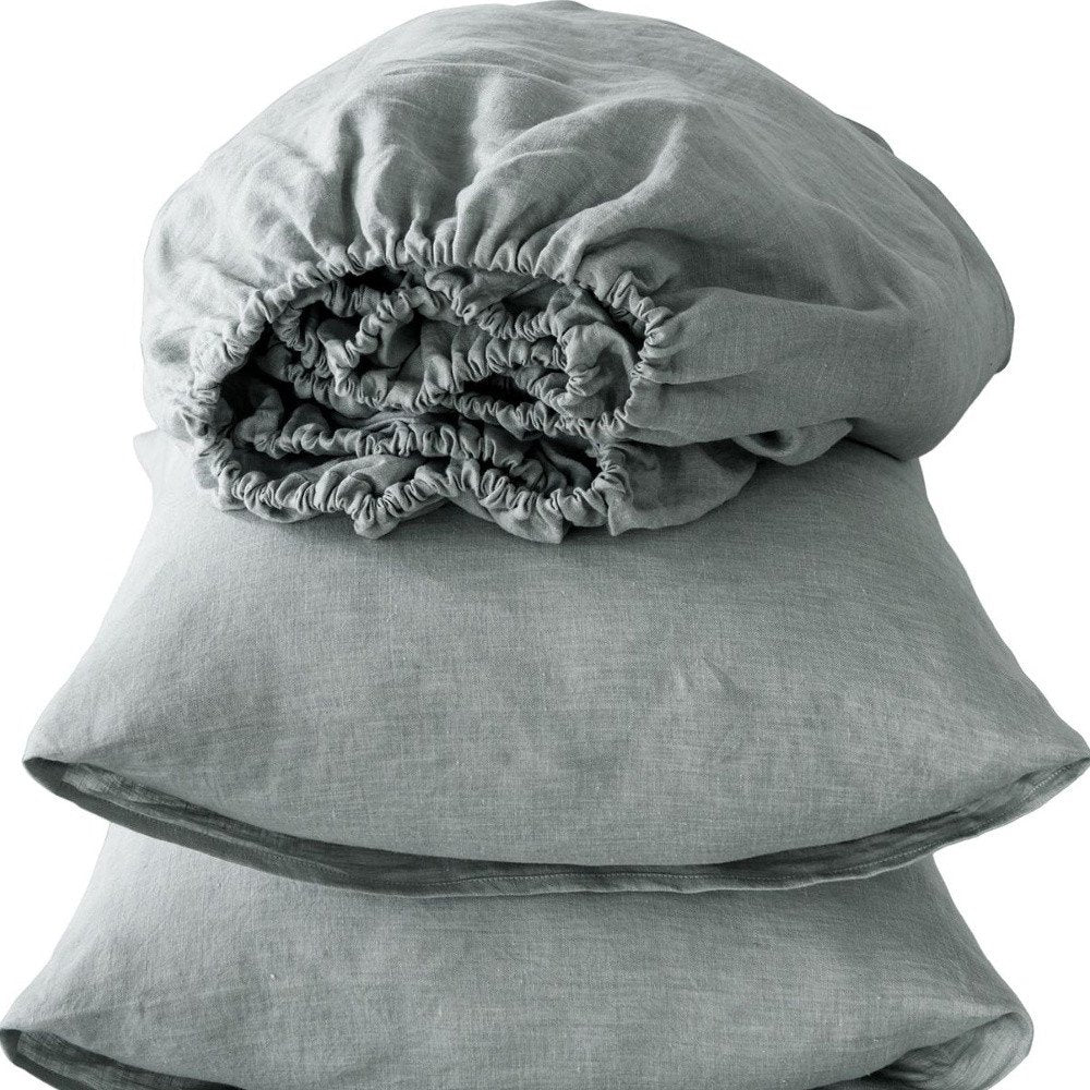 Four Piece Blue Linen Queen Sheet Set