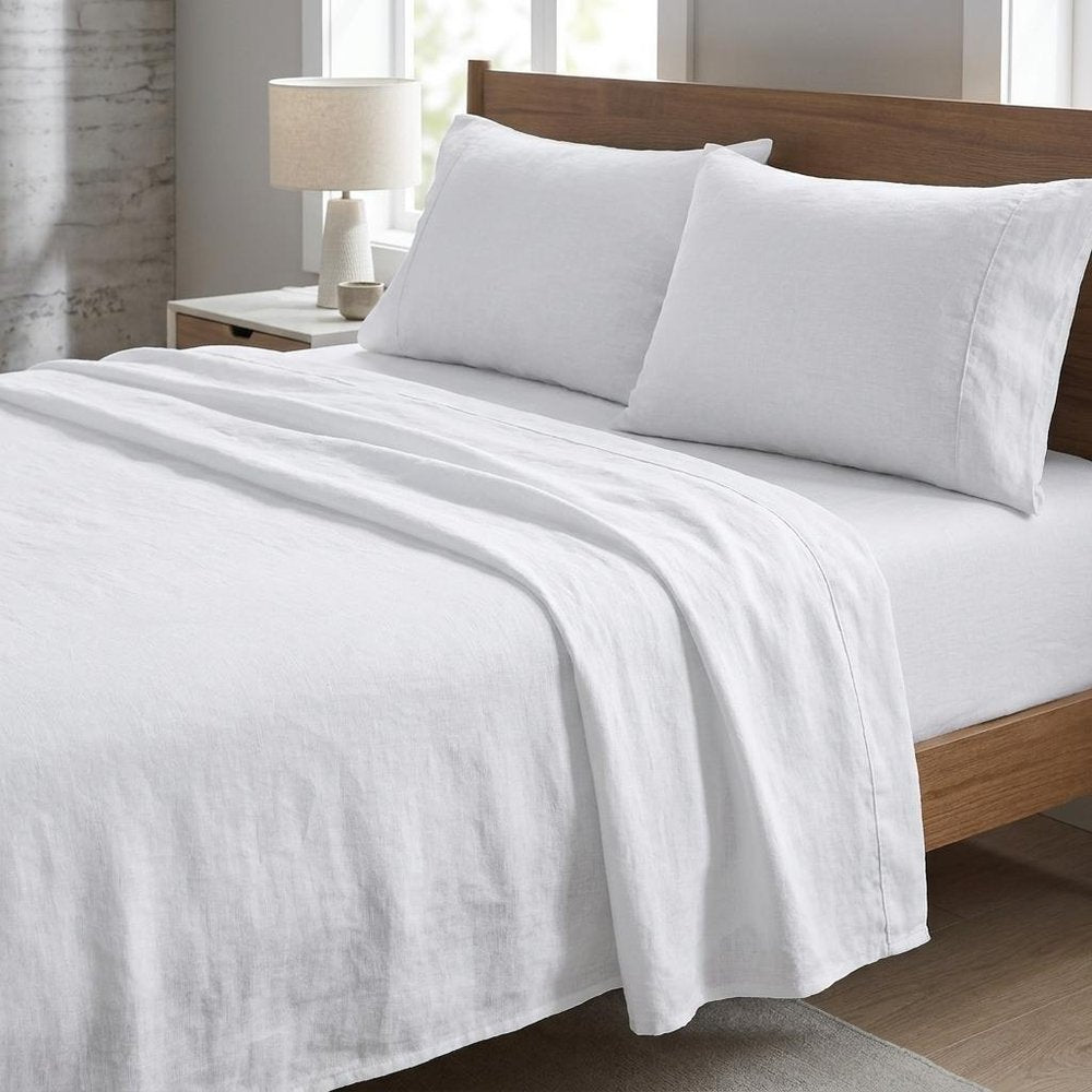 Four Piece White Linen Queen Sheet Set