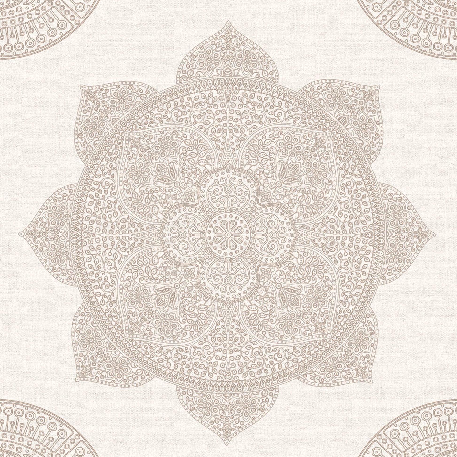 Pink mandala medallion pattern on a linen-textured off-white background; decorative circular motifs for wallpaper.