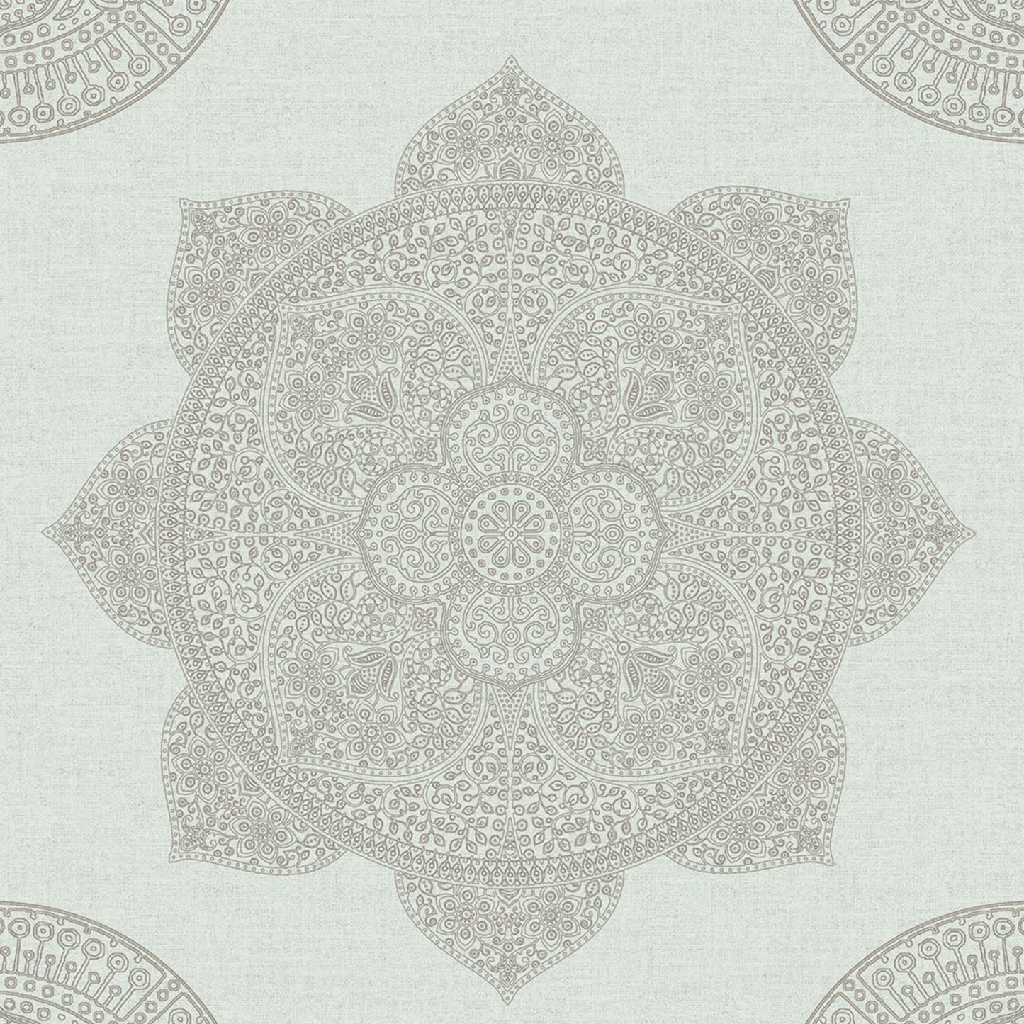 Soft blue backdrop featuring an intricate beige mandala medallion and floral filigree, decorative wallpaper pattern.