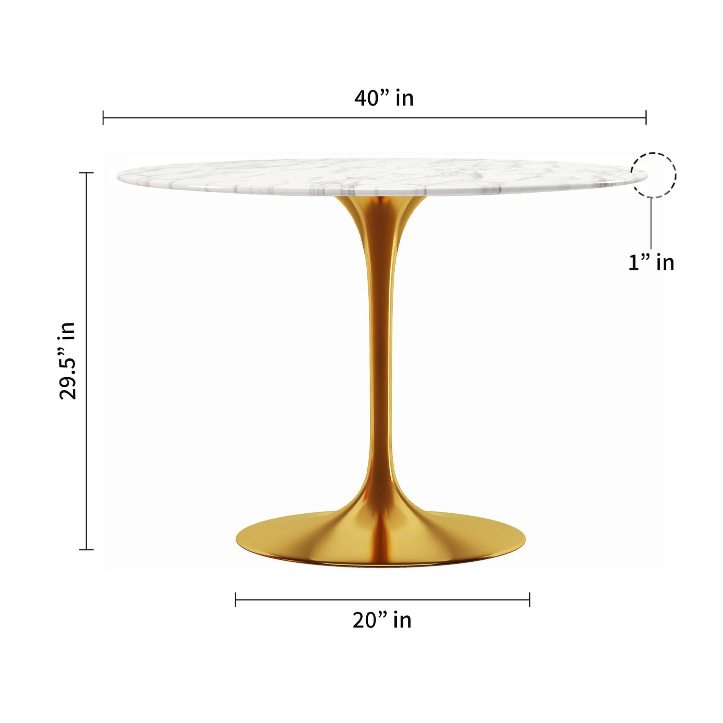 40" White And Gold Rounded Marble And Metal Pedestal Base Dining Table