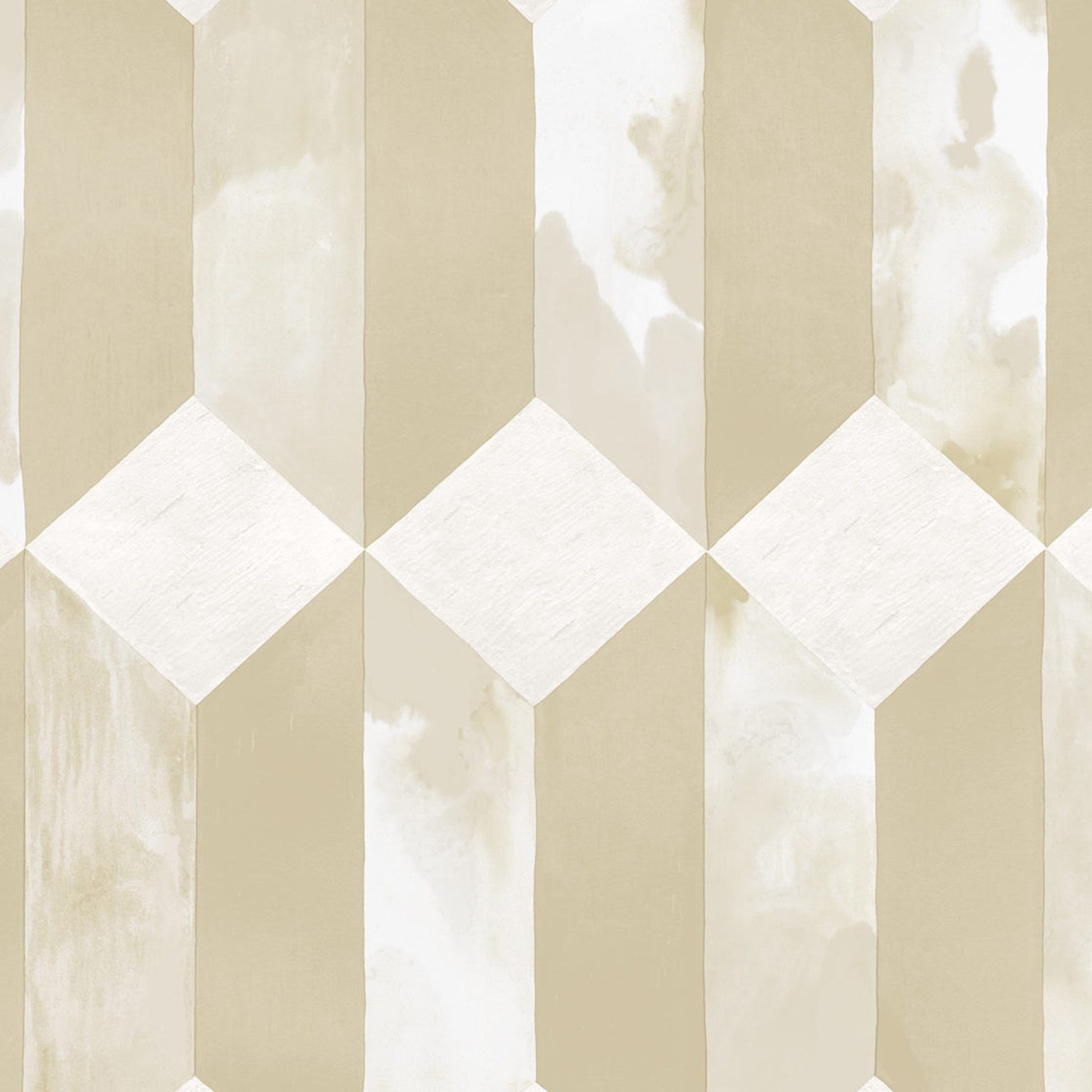 Beige and ivory geometric wallpaper with a 3D cube illusion and white diamond accents for walls.