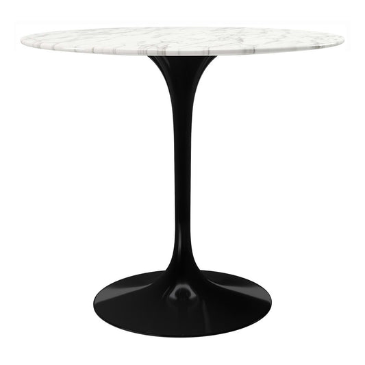 Round white marble-top table on a black tulip-style pedestal base.