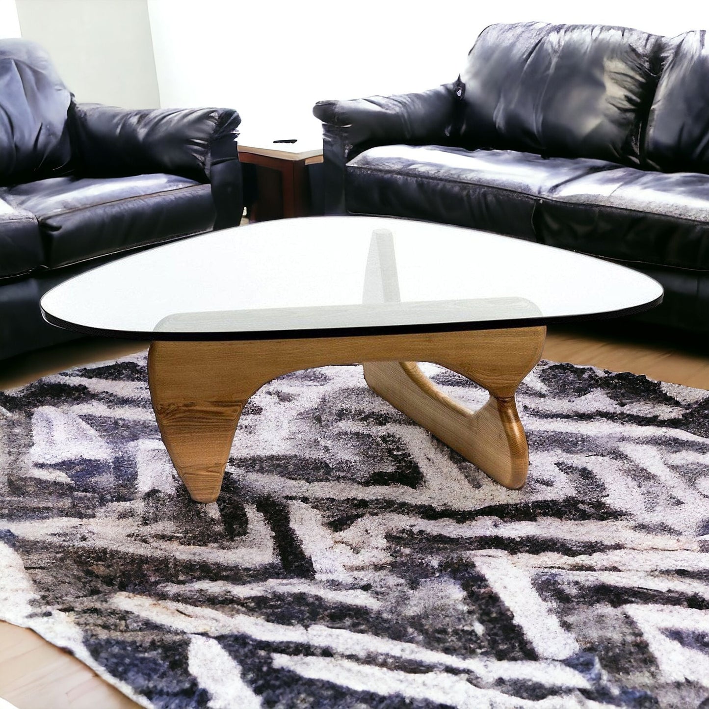 50" Clear And Brown Glass And Solid Wood Triangle Coffee Table