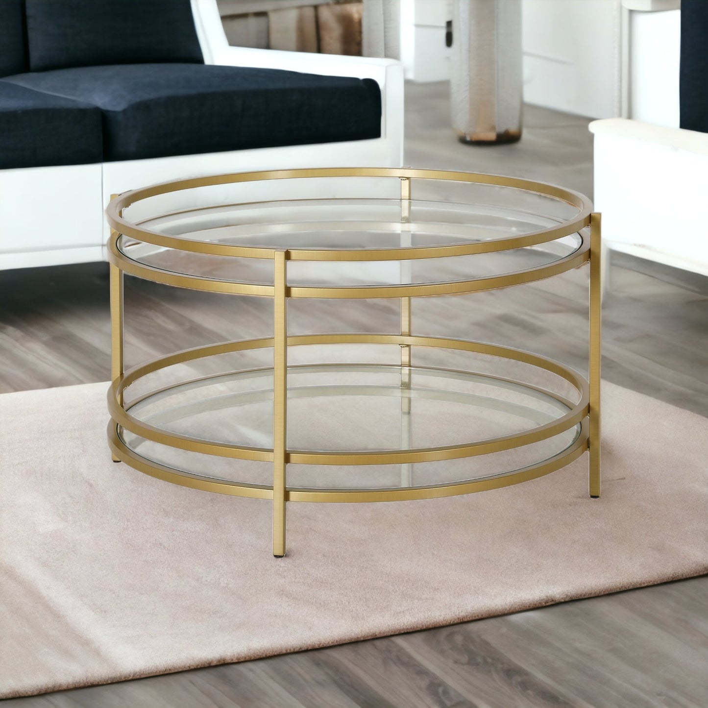 32" Gold Glass And Steel Round Coffee Table With Shelf