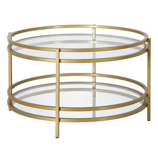 32" Gold Glass And Steel Round Coffee Table With Shelf