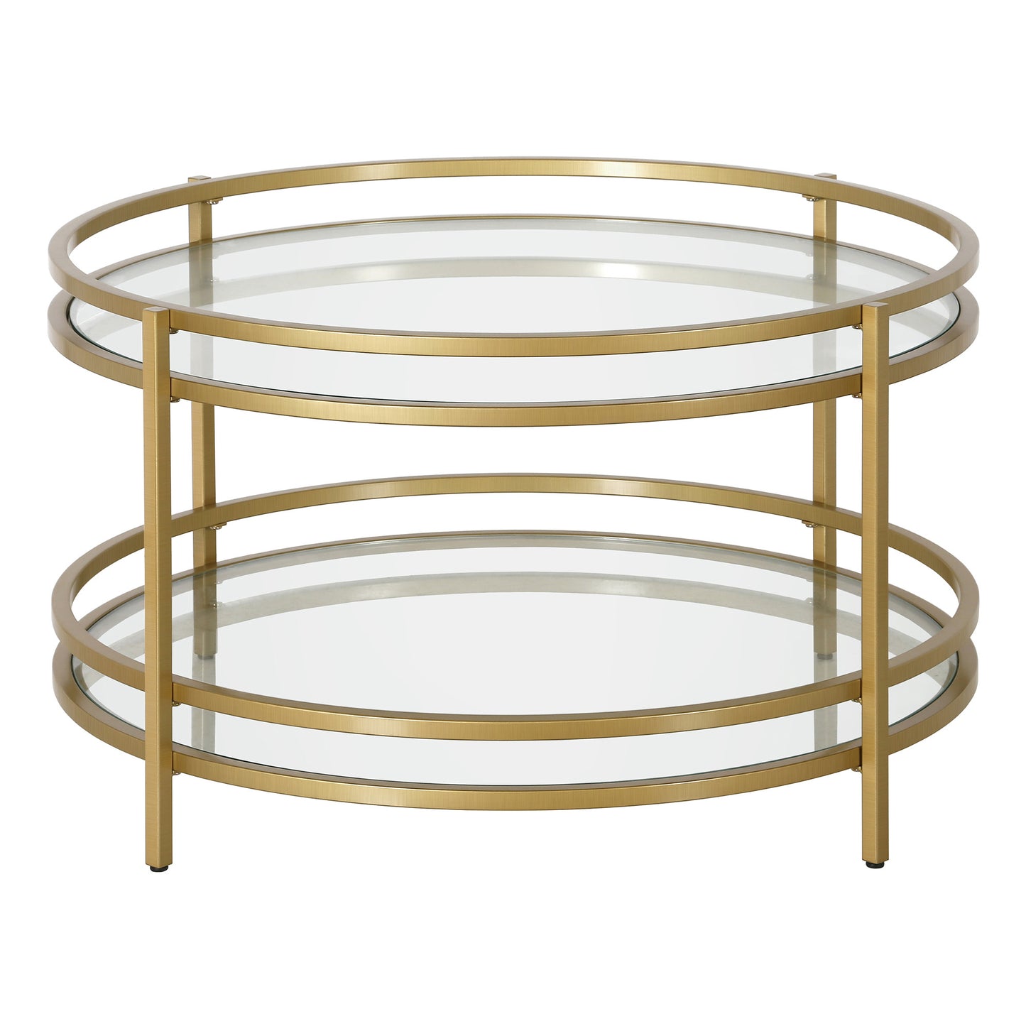 32" Gold Glass And Steel Round Coffee Table With Shelf