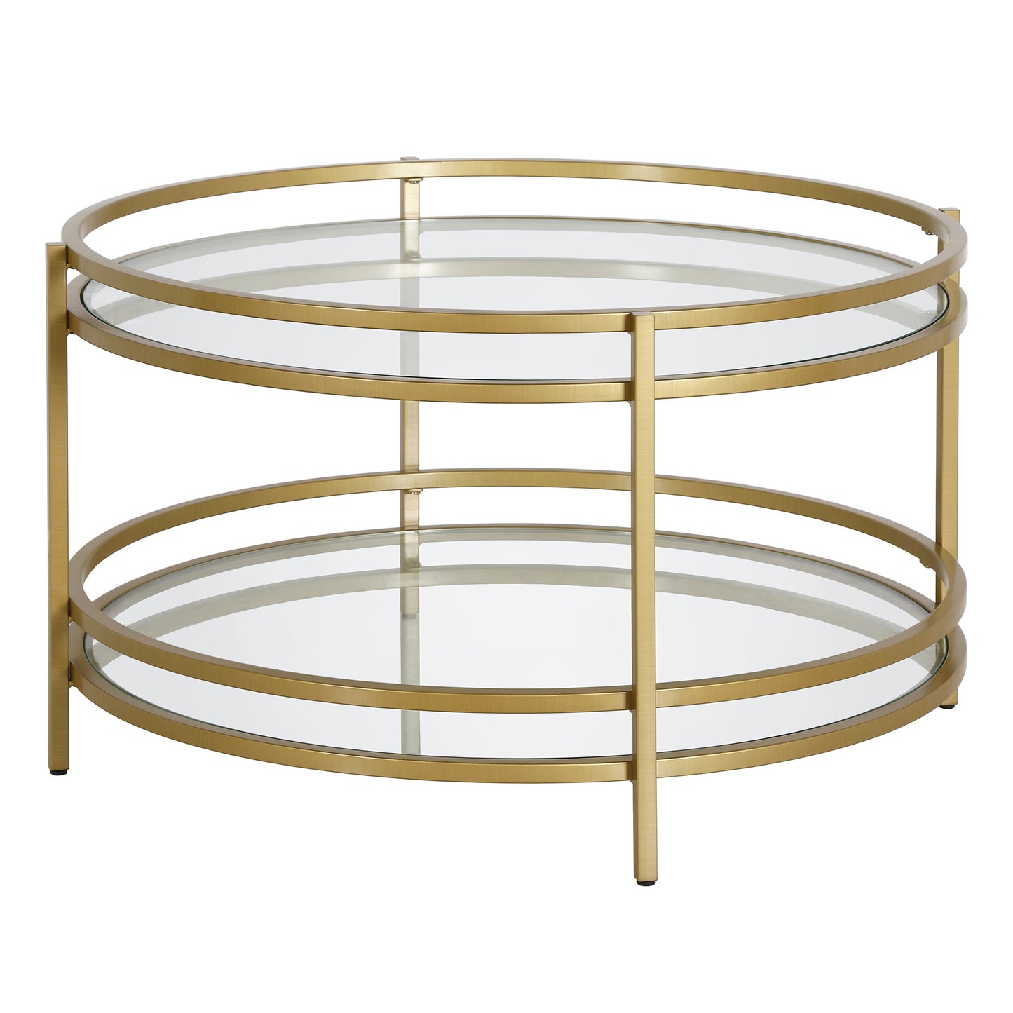 32" Gold Glass And Steel Round Coffee Table With Shelf