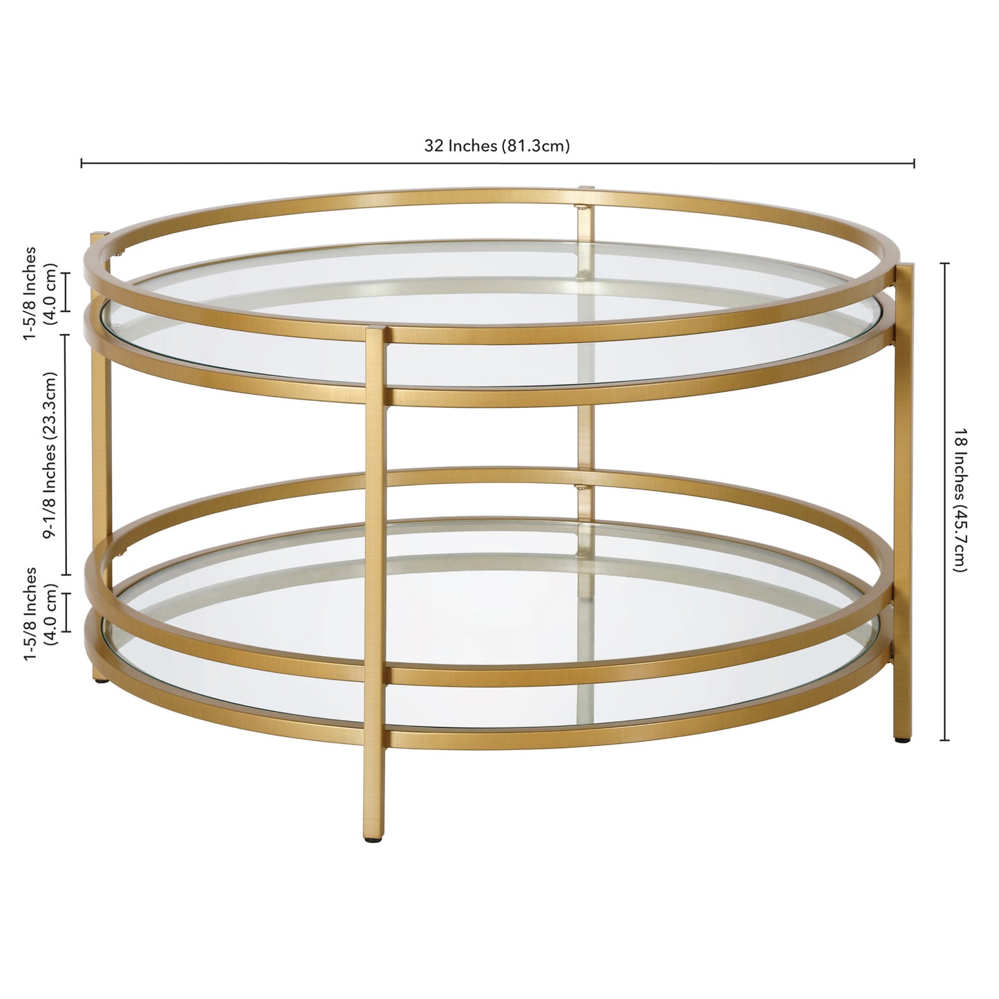 32" Gold Glass And Steel Round Coffee Table With Shelf