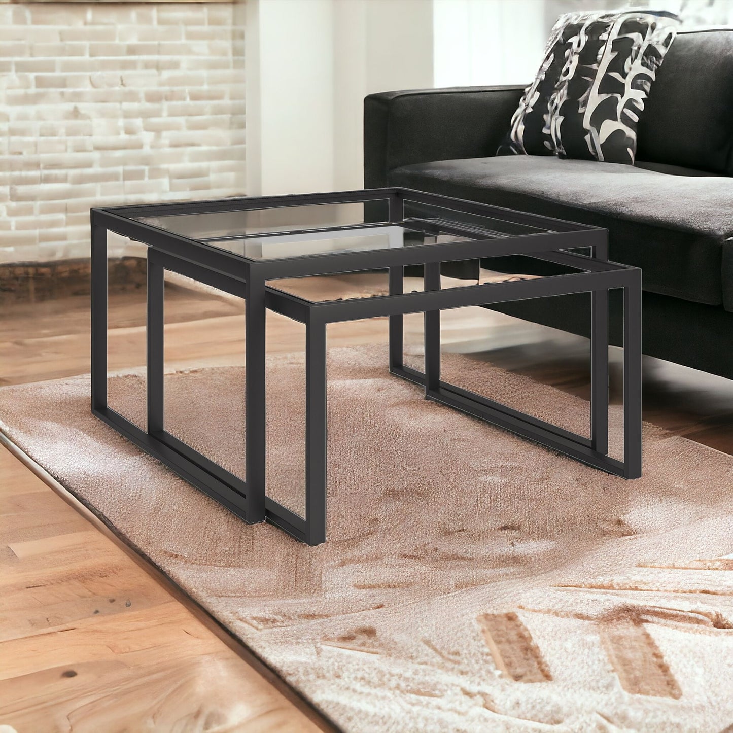 Set of Two 30" Black Glass And Steel Square Nested Coffee Tables