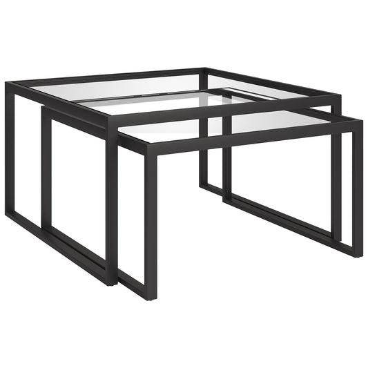 Set of Two 30" Black Glass And Steel Square Nested Coffee Tables