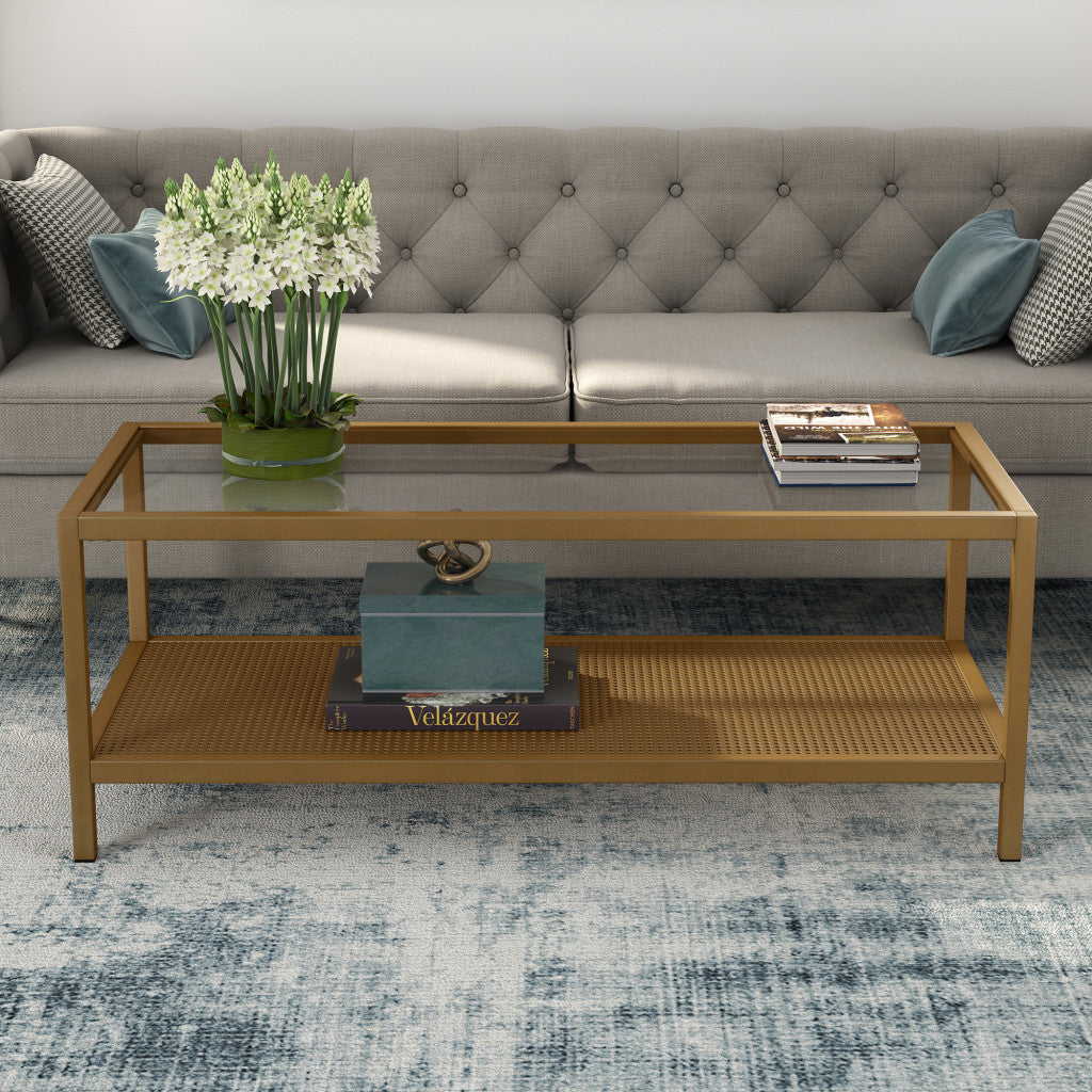 45" Gold Glass And Steel Coffee Table With Shelf