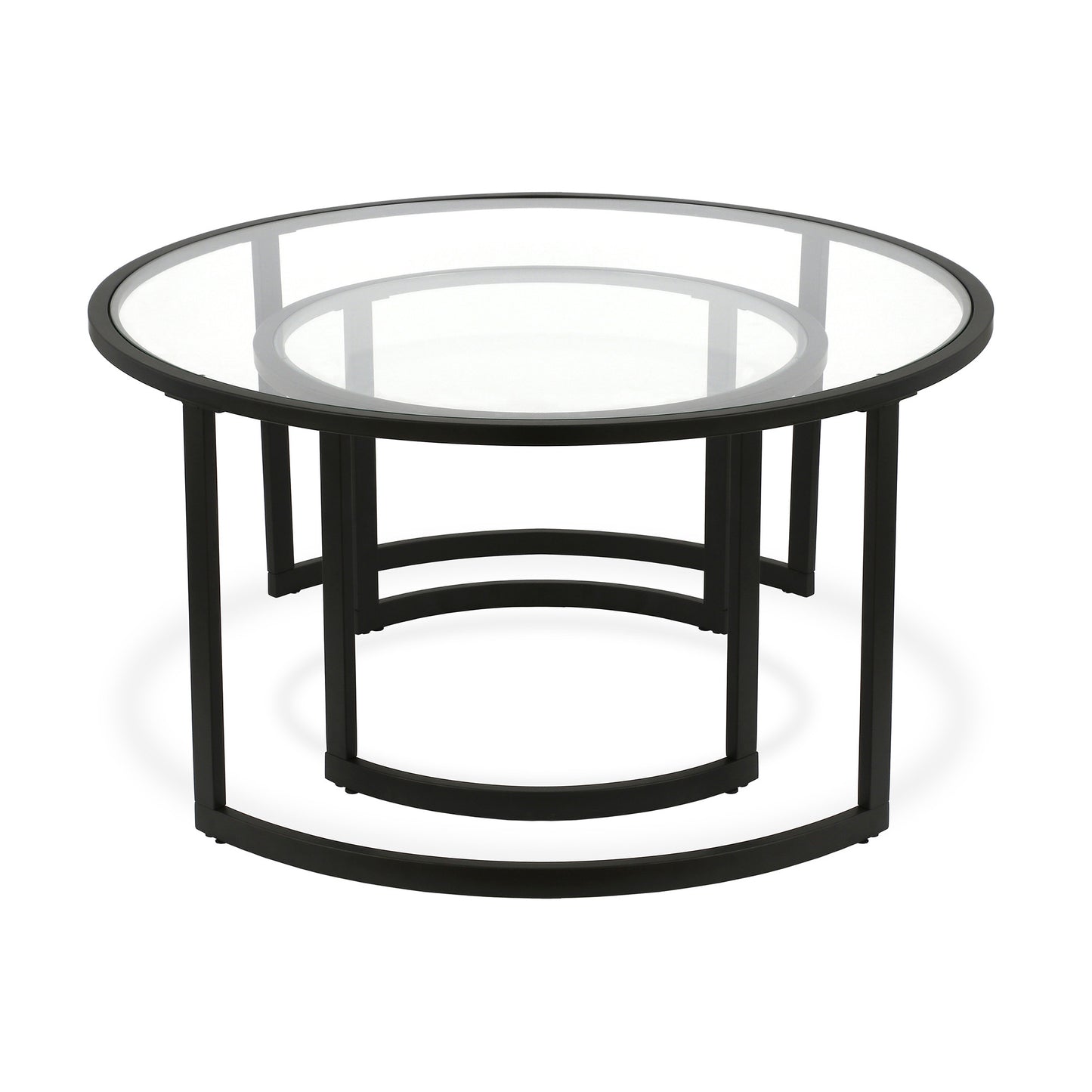 Set of Two 36" Black Glass And Steel Round Nested Coffee Tables