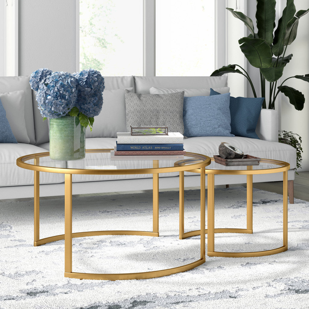 Set of Two 36" Gold Glass And Steel Round Nested Coffee Tables