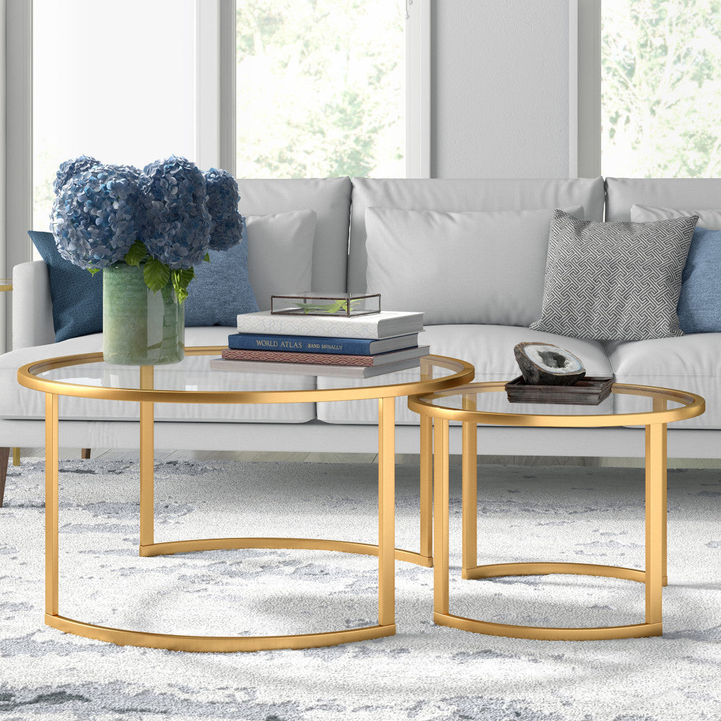 Set of Two 36" Gold Glass And Steel Round Nested Coffee Tables