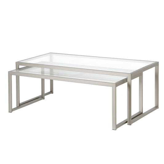 Set of Two 46" Silver Glass And Steel Nested Coffee Tables