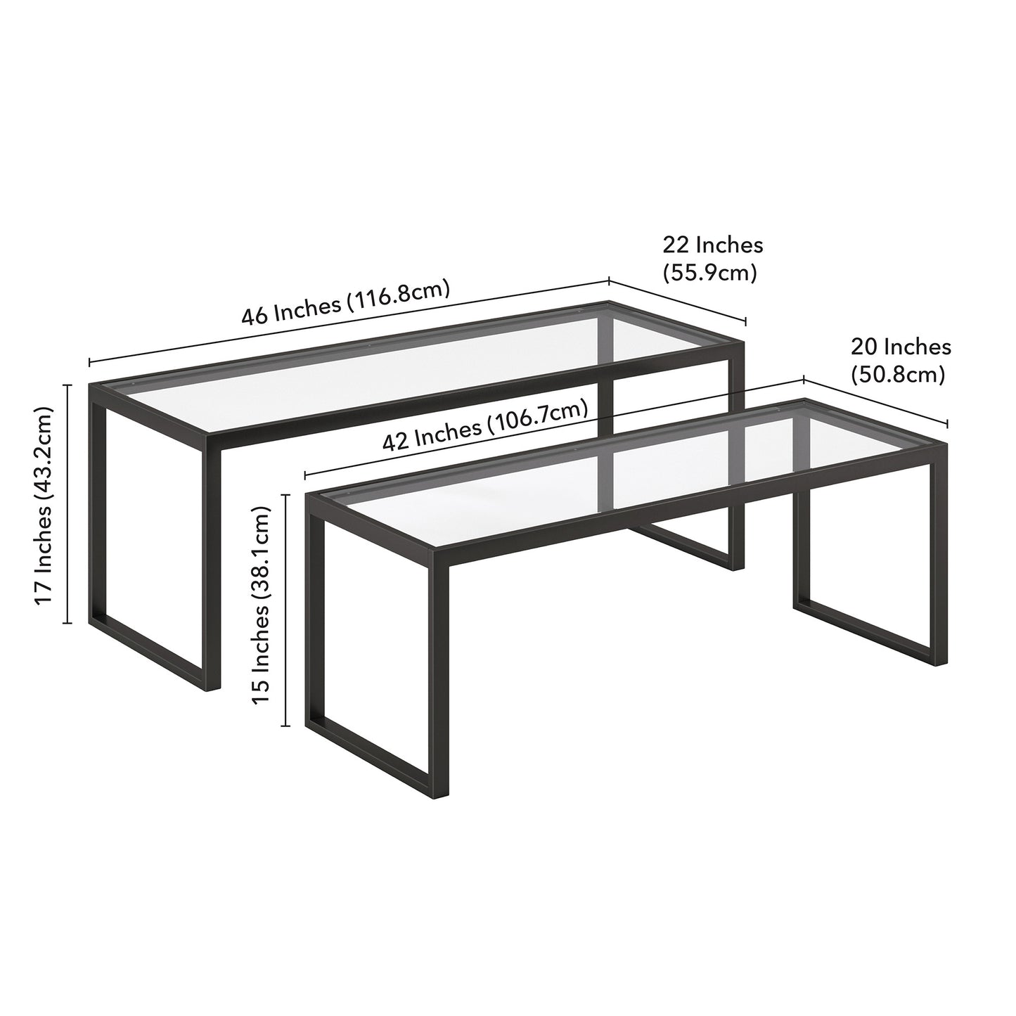 Set of Two 46" Black Glass And Steel Nested Coffee Tables