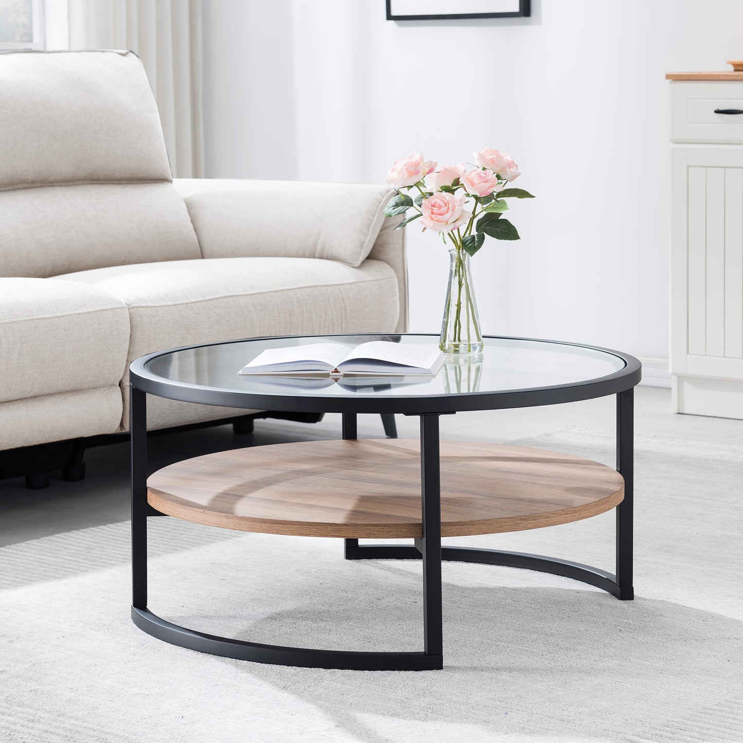 34" Brown And Black Glass And Steel Round Coffee Table With Shelf