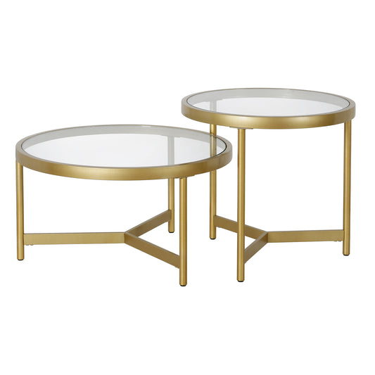 Set of Two 30" Clear And Gold Glass And Steel Round Nested Coffee Tables