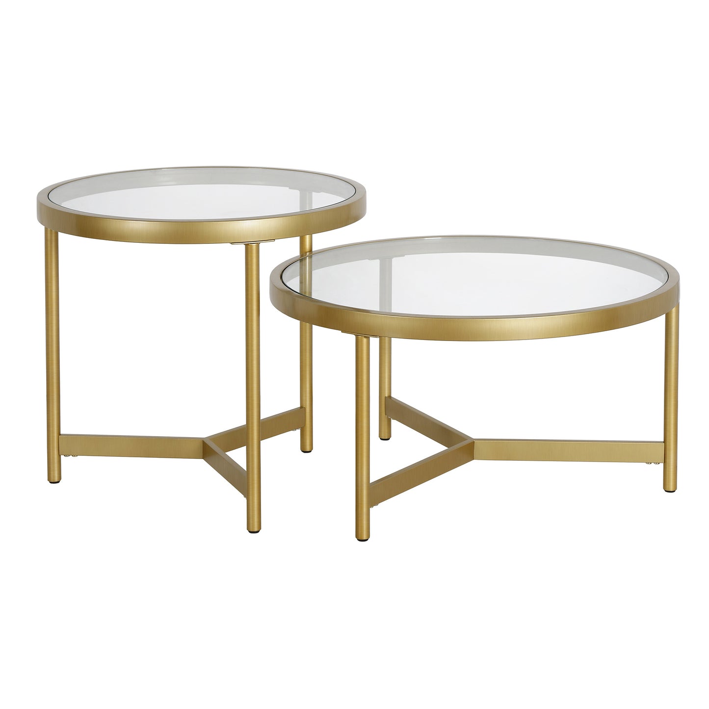 Set of Two 30" Clear And Gold Glass And Steel Round Nested Coffee Tables