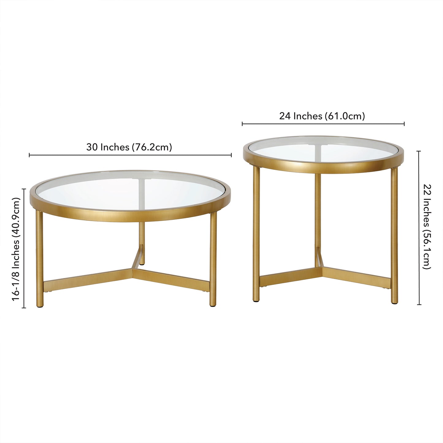 Set of Two 30" Clear And Gold Glass And Steel Round Nested Coffee Tables