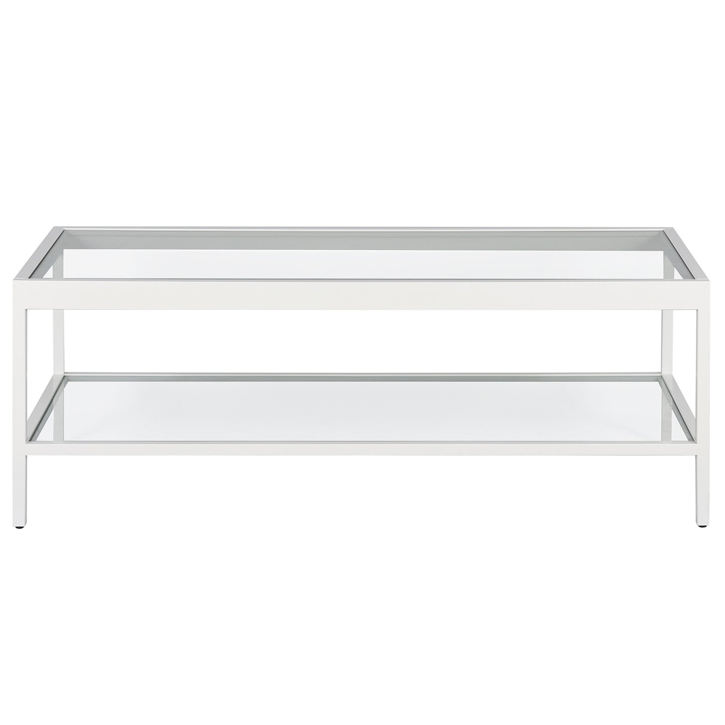 45" Clear Glass And White Steel Coffee Table With Shelf