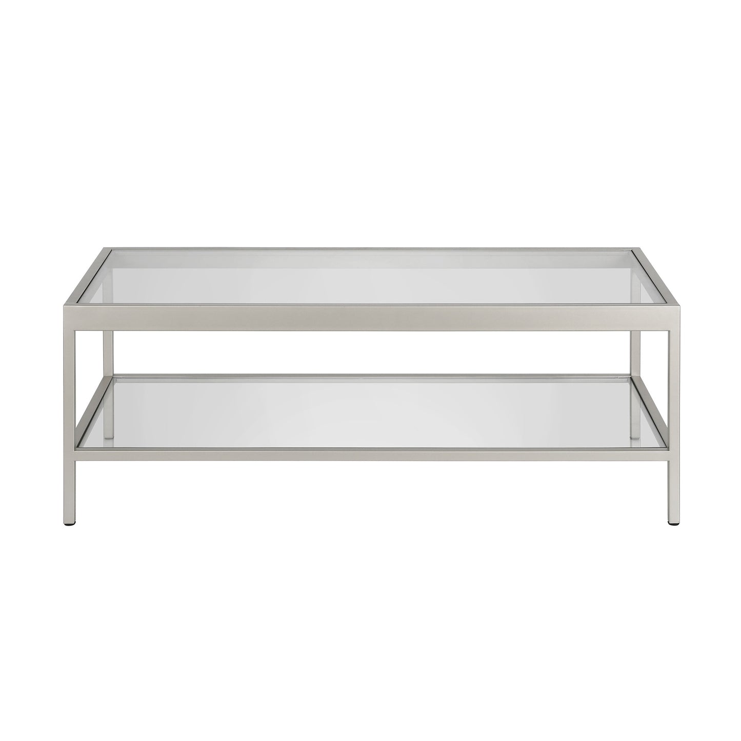 45" Clear Glass And Silver Steel Coffee Table With Shelf