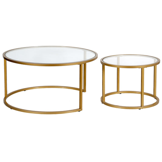 Set of Two 35" Gold Glass And Steel Round Nested Coffee Tables