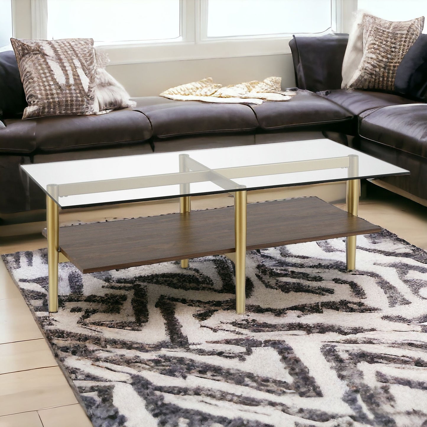 47" Gold Glass And Steel Coffee Table With Shelf