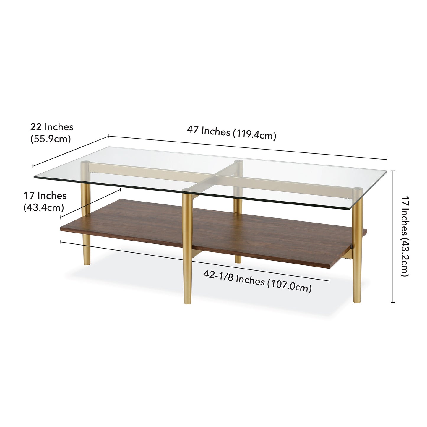 47" Gold Glass And Steel Coffee Table With Shelf