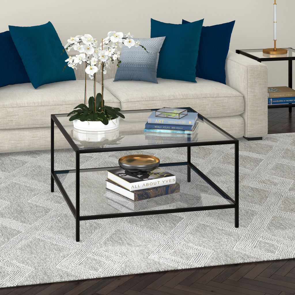 32" Black Glass And Steel Square Coffee Table With Shelf