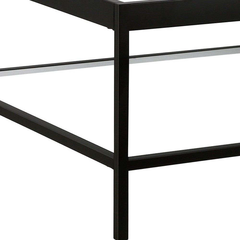 32" Clear And Black Glass And Steel Square Coffee Table With Shelf