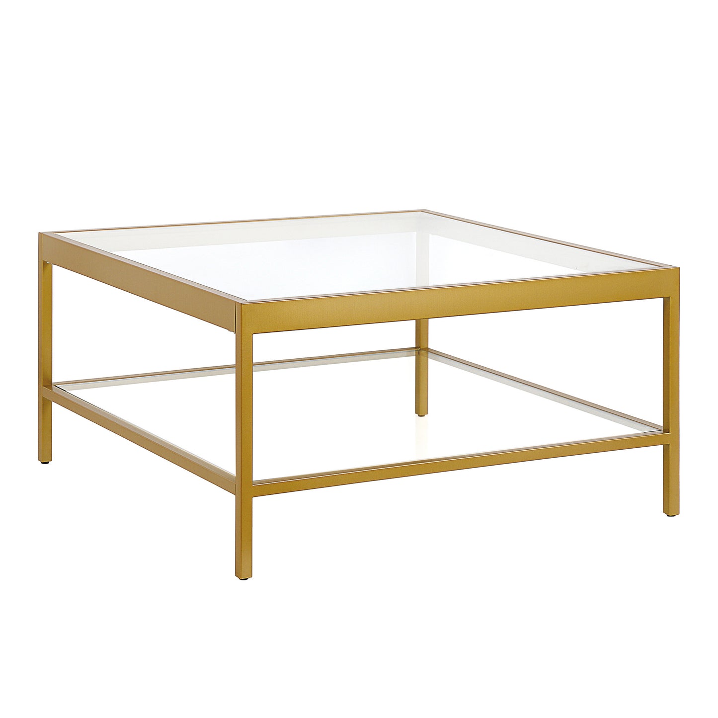 32" Clear And Gold Glass And Steel Square Coffee Table With Shelf