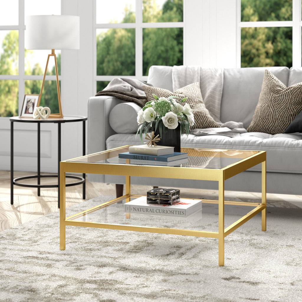 32" Clear And Gold Glass And Steel Square Coffee Table With Shelf